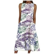 BVnarty Women's Trendy Flowy Mini Sundress Clearance Casual Floral Printing Beach Dresses for Women 2023 Work Knee Length Dress Sleeveless Summer Dress Round Neck Purple XL