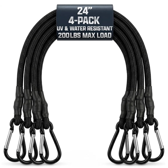 MISSMILE Bungee Cords with Hooks,4Pcs 24"Steel Carabiner,200 Lbs Load,Carabiner Bungee Cord 200 Lb Load; Latex&Braided Rubber,Anti-Rust Steel; for Camp,Car,Rv,Kayak,And Outdoor Use