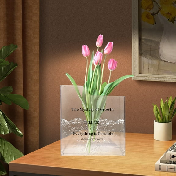 YOHAVEN Book Vase Acrylic Decorative Flower Holder, Transparent Book Shape Home Office Bedroom Living Room Decoration for Modern Cultural Space