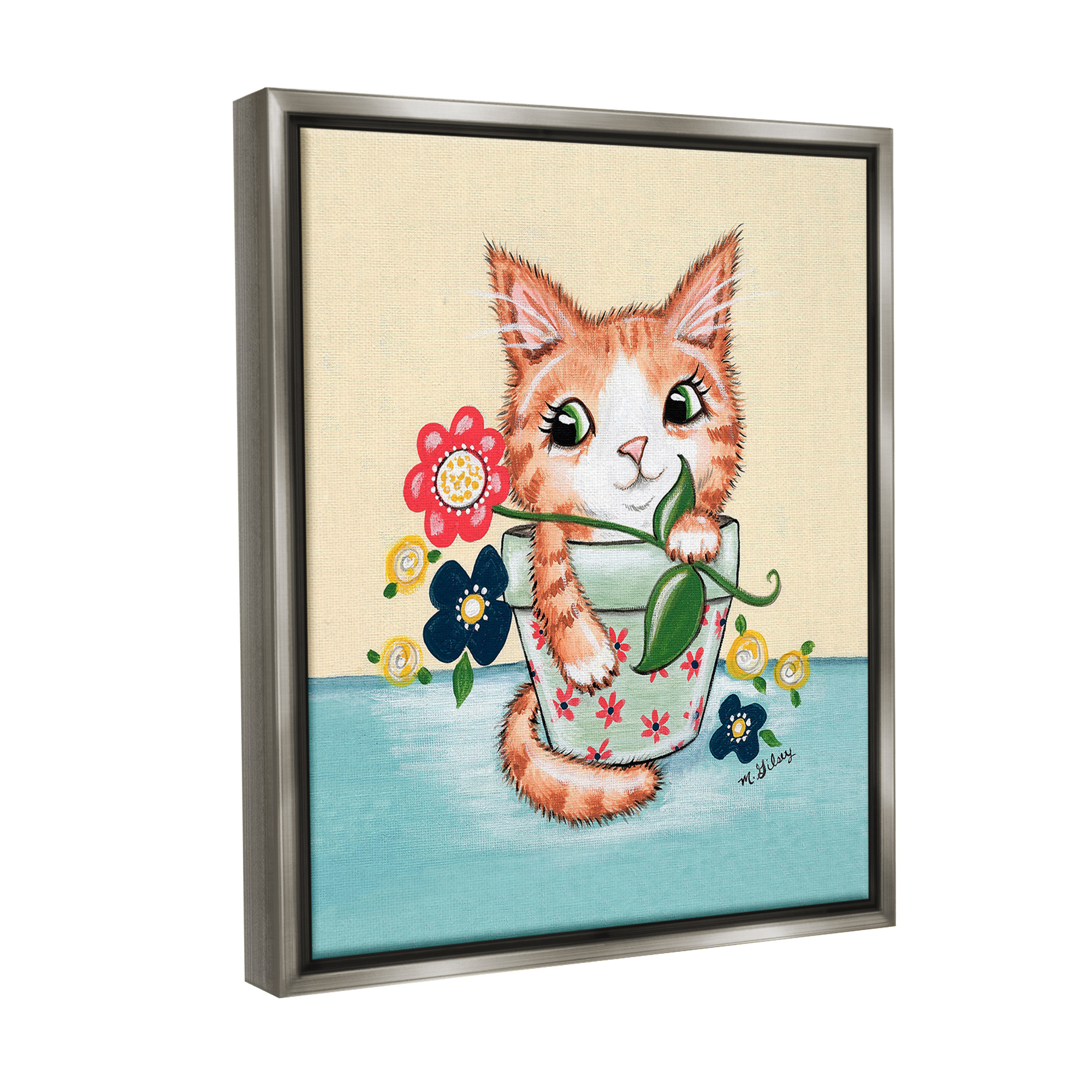 Stupell Industries Kitten in Flower Pot Animals & Insects Painting Gray Floater Framed Canvas Art Print Wall Art, 25 x 31