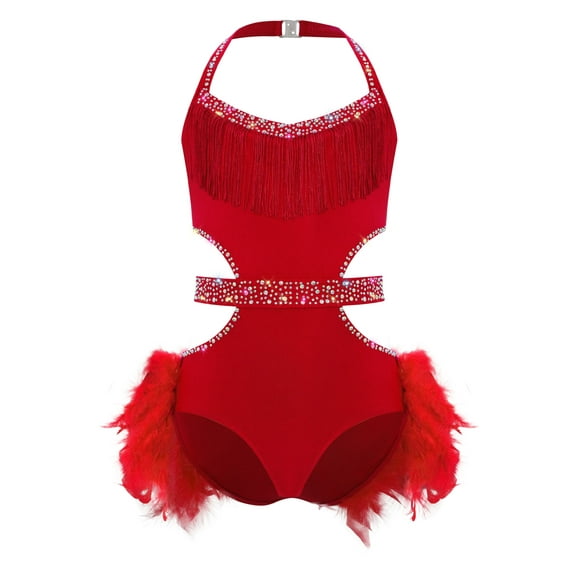 Xnihocha Kids Girls Latin Ballet Dance Leotard Dress Halter Sparkly Rhinestones Bodice Feather Bodysuit Red 6