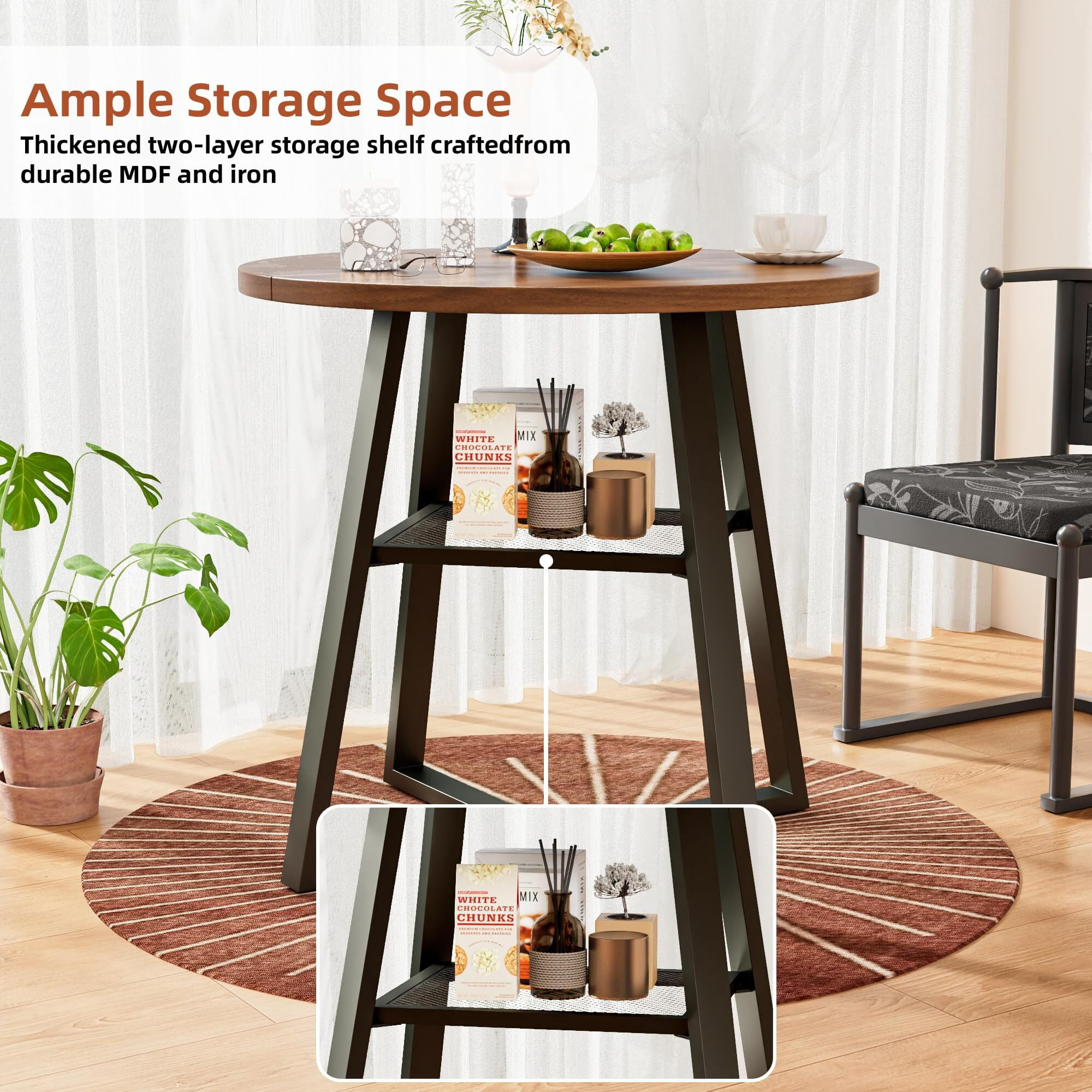 31.5 in Small Round Dining Table for 2–4, Space Saving Kitchen Table with Storage, Mid Century Modern Metal Legs, Walnut