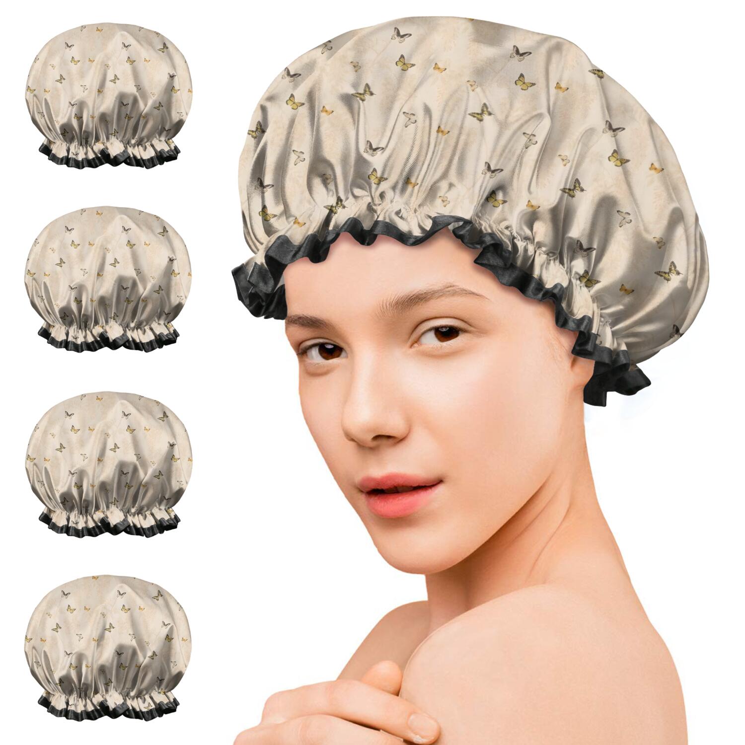 Shower Caps,Beige Butterfly Pattern Waterproof Shower Cap for Women 4 Pieces,Double Reusable Hair Cover for Shower PEVA Elastic Stretch Hem