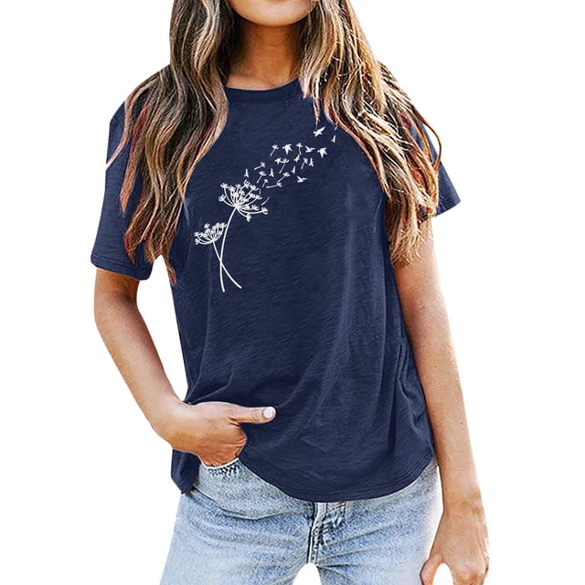 TSADFHJI Hauts de Noël Élégants pour Femmes Plus Mode Décontractée Impression de Mots Chemises Col Rond Manches Courtes Tee Tops Tunique Blouse S Marine
