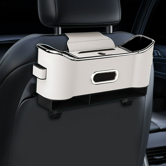 Organizador de respaldo para asiento de coche con portavasos y caja de pañuelos - Gran capacidad de almacenamiento para teléfonos, llaves, tazas - Instalación fácil de broche, terciopelo resistente