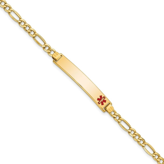 14K Yellow Gold Semi-Solid Medical Red Enamel Figaro Id Bracelet (7 X 6.5) Made In United States xm563fr-7
