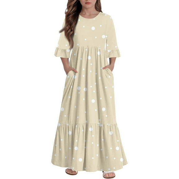 Abcomgle Girls Maxi Dresses 10-12 Casual A-Line 3/4 Sleeve Girls Long Dresses Polka Dot Crew Neck Sundresses Flowy Tiered Dresses with Pockets,7-8 Years Beige