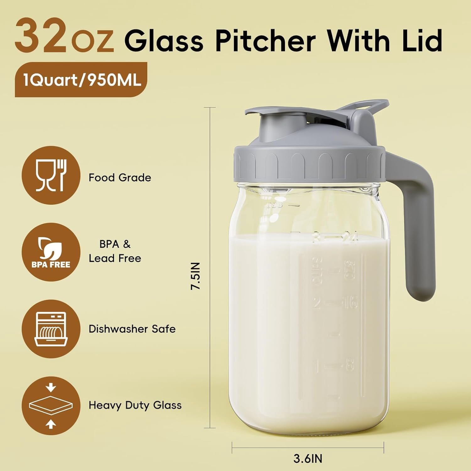 Breast Milk Pitcher - 32 Oz Glass Mason Jar With Dual Leak-proof Design  Airtight Seal Pour Spout & Handle Storage Container For Breastmilk Iced Tea Ice Drinks(2pack Gray)