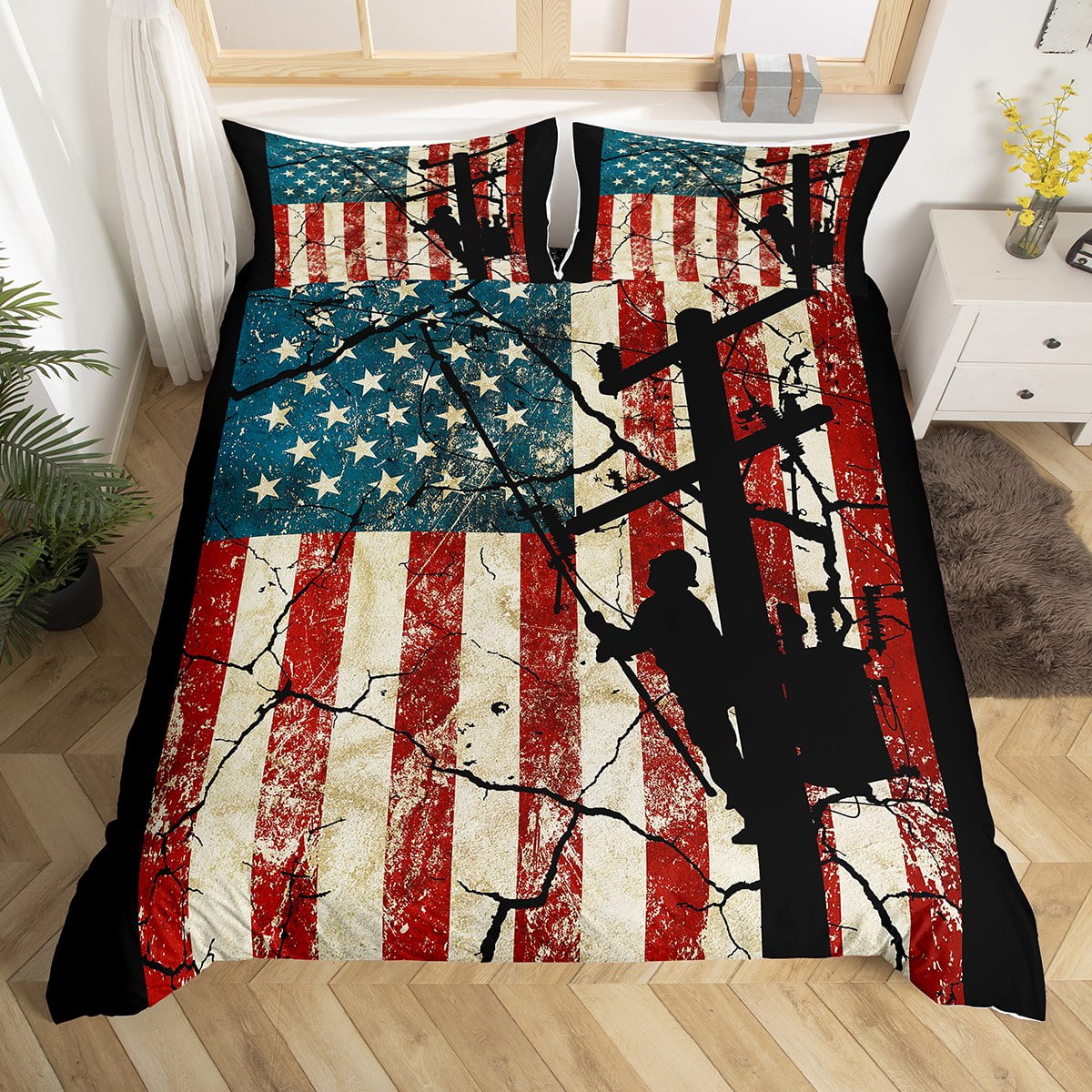 YST Vintage American Flag Bedding Set Full Lineman Comforter Cover