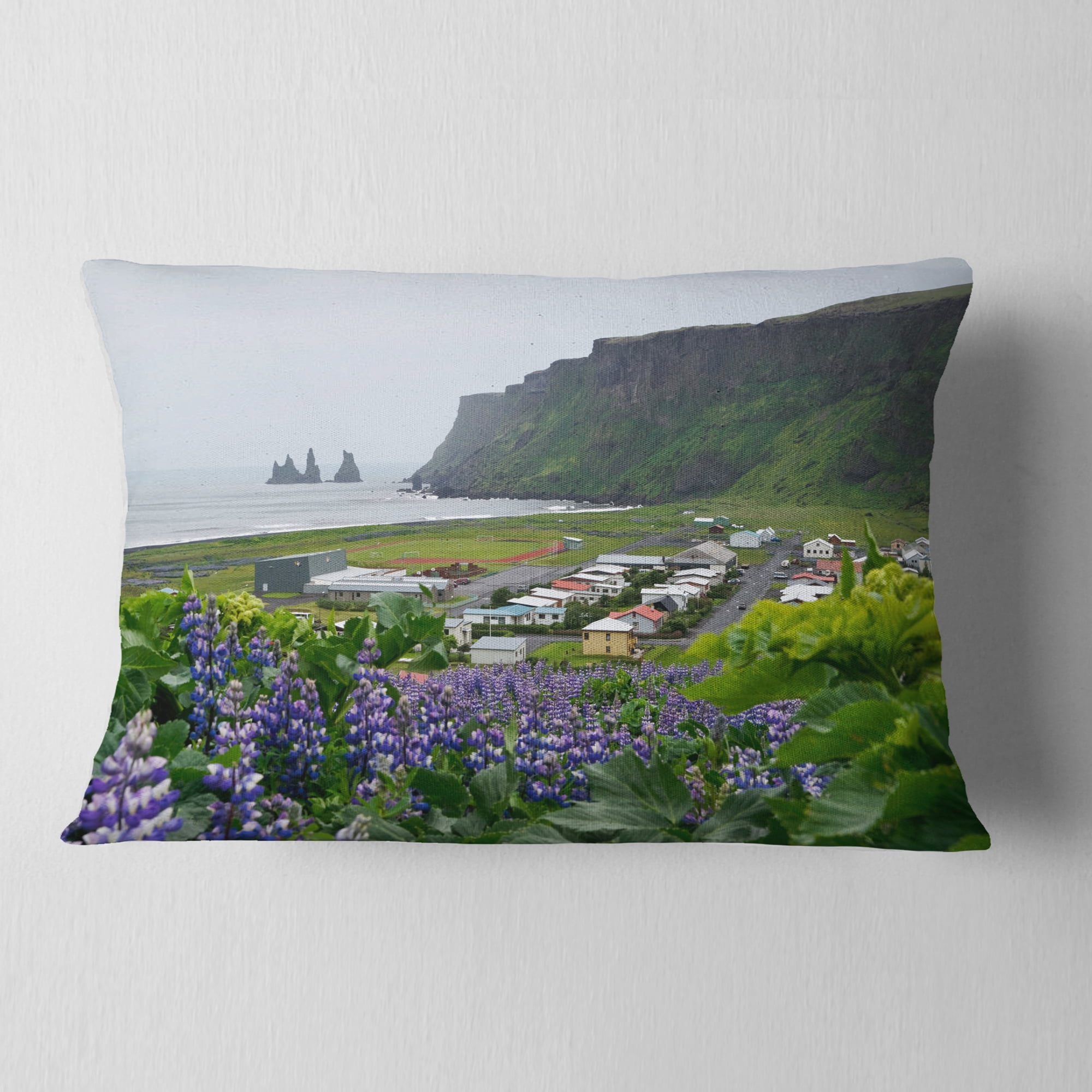Designart Icelandic Town Vik - Landscape Photography Throw Pillow - 12x20