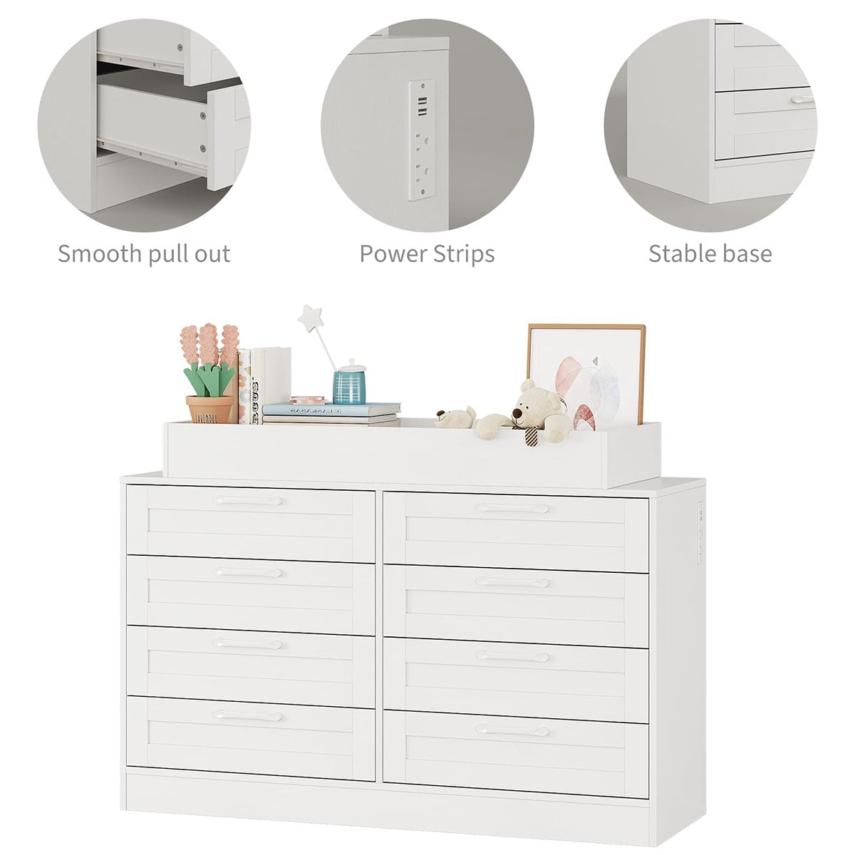 Soonbuy Baby Changing Dresser with 8 Drawers,Wooden Nursery Dresser with Safety Rail & Open Shelf, Changing Table Station Space-Saving Organizer