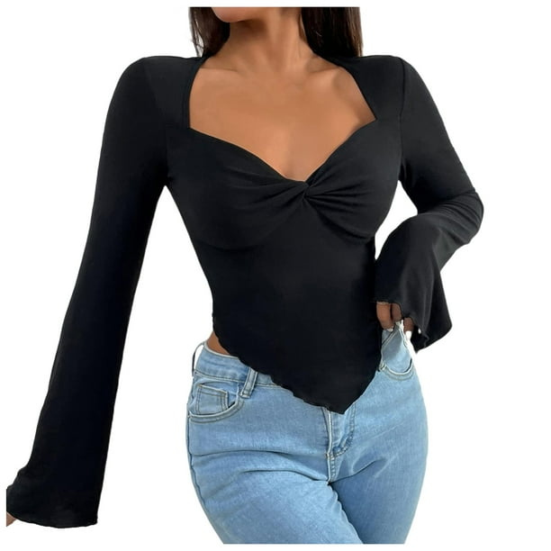 Top corto de manga larga y cuello cuadrado para mujer - Poliéster/spandex, delantero asimétrico, estampado para todas las estaciones