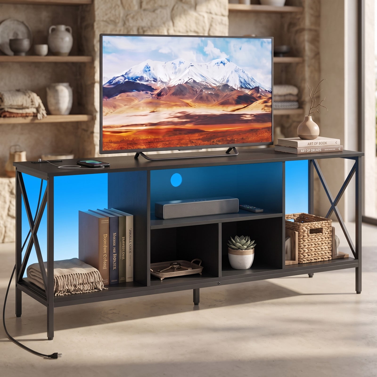 Furnibear LED TV Stand for 65 Inch TV, Entertainment Center with Power Outlets and USB Charging, Modern Media Console with 5 Open Shelves and X-Frame for Living, Black