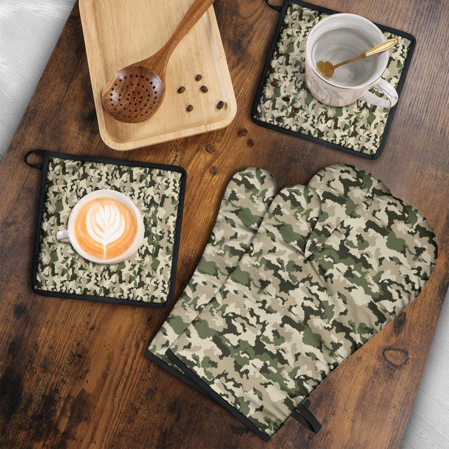 Camouflage Oven Mitts and Pot Holders Set Of 4, Heat Resistant Kitchen Gloves with Non-Slip Grip, Hanging Loop, Soft Cotton Lining for Baking, Cooking, Grilling, Barbecue