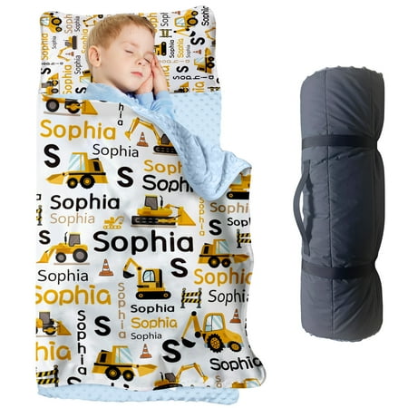 Personalized Toddler Nap Mat – Custom Name Slumber Bag with Yellow Excavator Design Soft and Cozy Sleeping Bag for Kids Perfect for Daycare Preschool and Construction-Themed Naptime Adventures