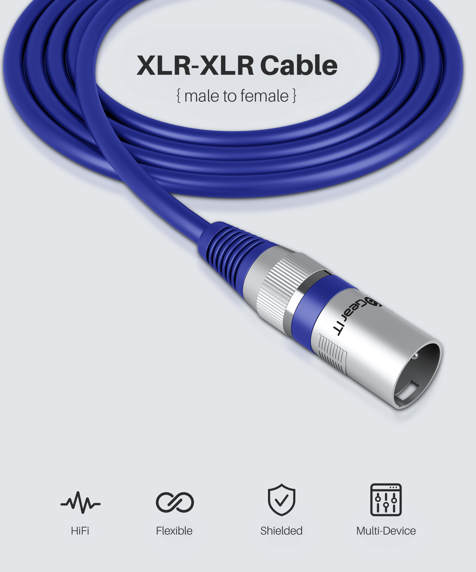 GearIT XLR to XLR Microphone Cable (100 Feet, 1 Pack) XLR Male to Female Mic Cable 3-Pin Balanced Shielded XLR Cable for Mic Mixer, Recording Studio, Podcast - Blue, 100Ft, 1 Pack - image 2 of 7