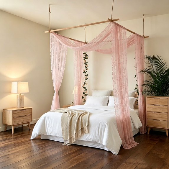 2 Panels Lace Bed Canopy,Boho Vintage Hollow Out Embroidery Sheer Bed Curtains,Canopy Bed Curtains for Bedroom Decor