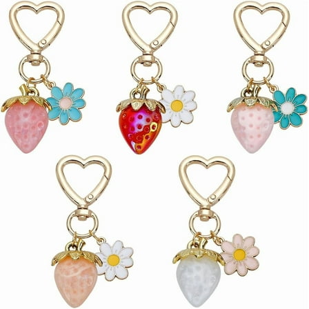 10Pcs 5 Colors Strawberry Keychain 70mm Kawaii Keychain Charms Heart Flower Daisy Key Chains Cute Purse Charms Acrylic Pendant Decoration
