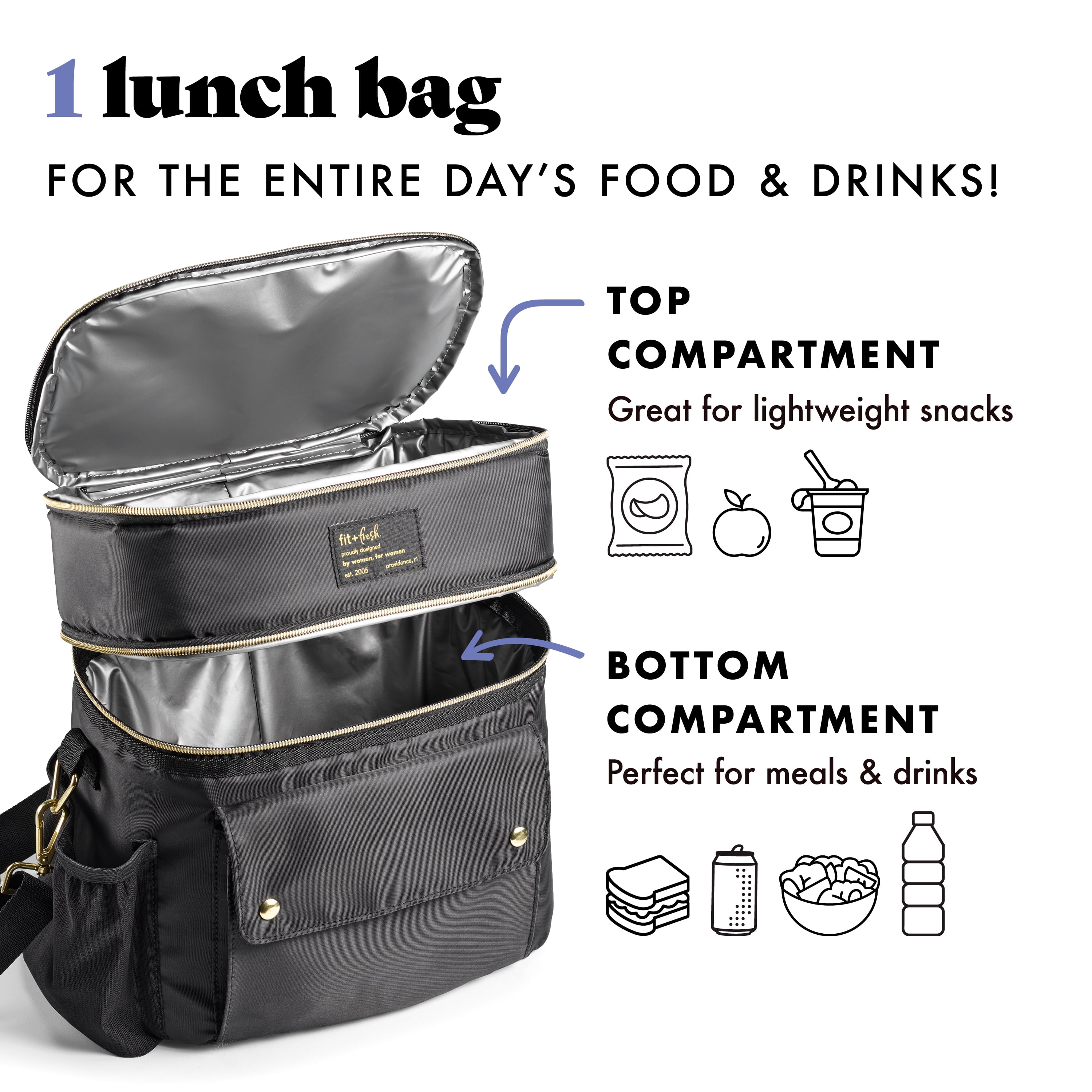 Fit + Fresh Dual Compartment Lunch Bag For Women, Insulated Lunch Box With Containers, Black