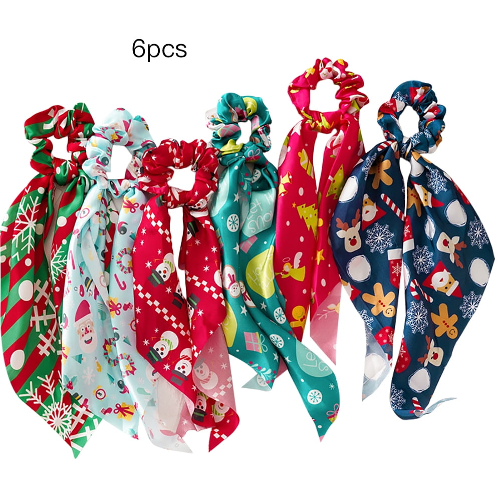 6 Pcs Christmas Scrunchies Hair Scarf Ribbon Bow Scrunchies Satin Hair Scarfs with Christmas