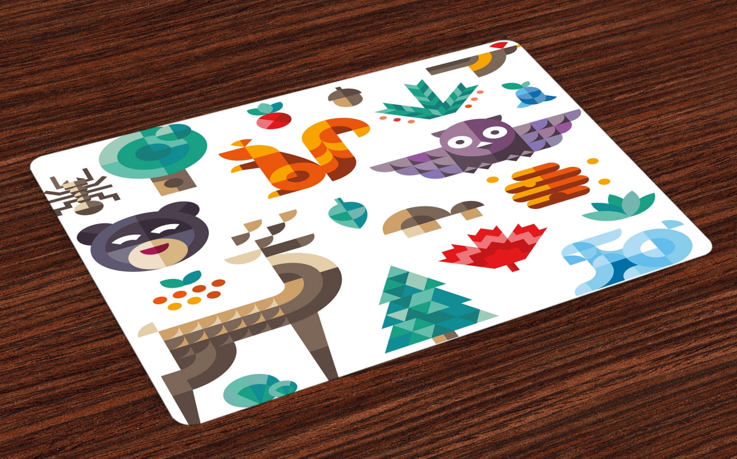 Kids Placemats Set of 4 Cute Cheerful Poly Art Style Animals Owl Bear