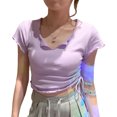 thumbnail image 2 of Camiseta de mujer de corte ajustado con escote en V, frunces laterales y detalle de cordón, violeta claro, talla M, 2 of 8