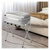 Foldable Luggage Rack with Nylon Belts - Heavy Duty Steel Travel Rack for Home, Guestroom, or Vacation Rental - 180lbs Capacity, Silver & Black, Easy Storage