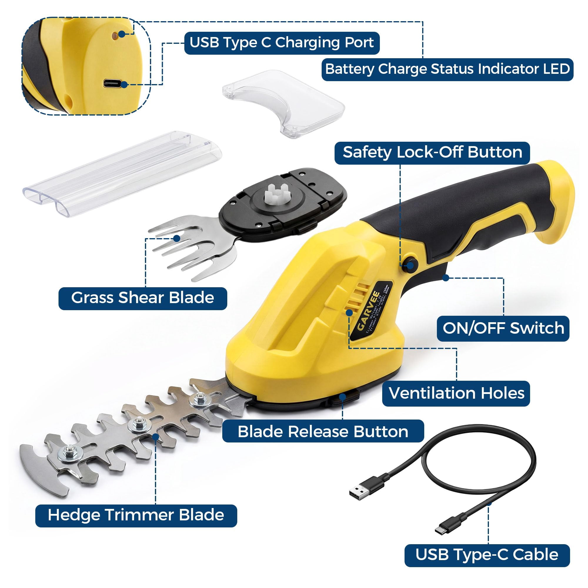 2-in-1 Electric Handheld Hedge Trimmer, Cordless Grass Shear & Shrub Trimme, Lightweight Rechargeable Bush Trimmers, with Type-C Cable, Dual Safety Switch, Brushless Motor, for Yard, Lawn, Garden Yel