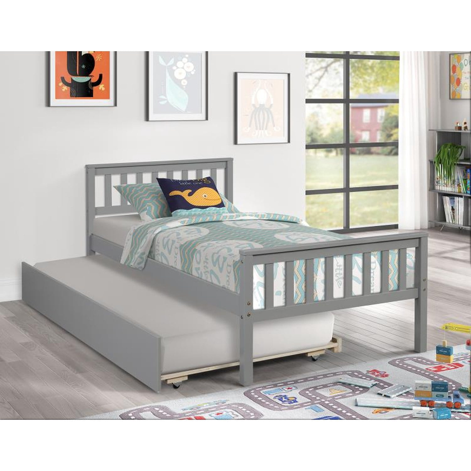 Twin Bed with Trundle, Platform Bed Frame with Headboard and Footboard, for Bedroom Small Living Space,No Box Spring Needed,Grey