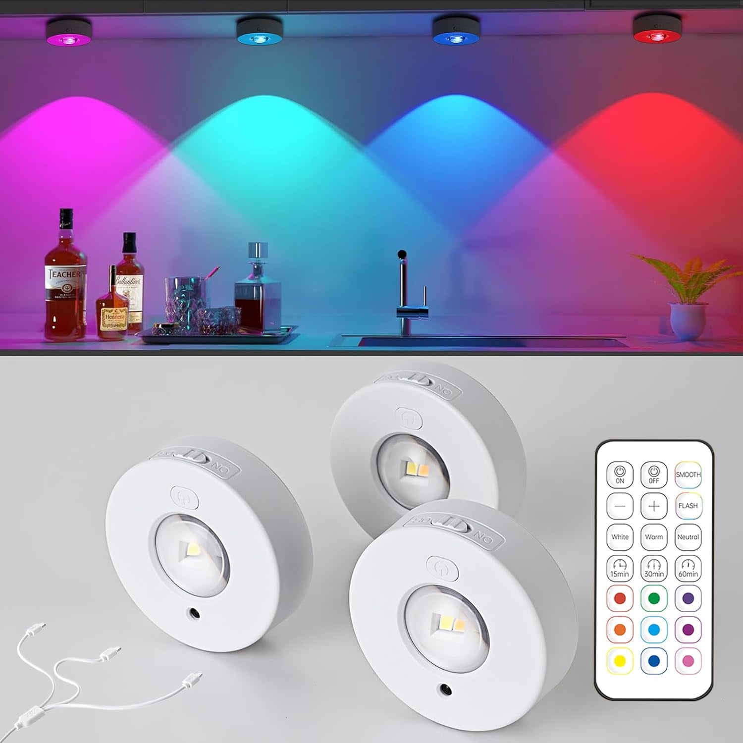 RGHJAR-3 Pack Wireless RGB Under Cabinet Lights with Timer Function, Rechargeable Puck Lights with Remote Control, Dimmable Magnetic Stick On Light, LED Touch Tap Light for Kitchen, Cabinets, Closet