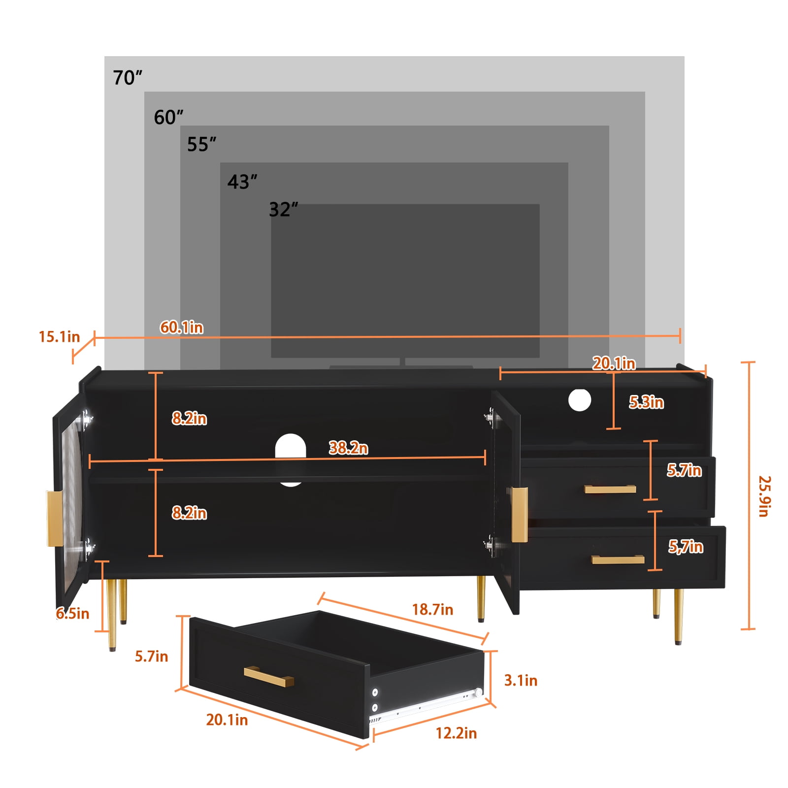 CBJCBJ 60.1" Modern Glass Door TV Stand with 2 Drawers & Adjustable Shelf | Entertainment Center for TVs up to 70 Inch | 4-Compartment Media Console Storage(BLACK)