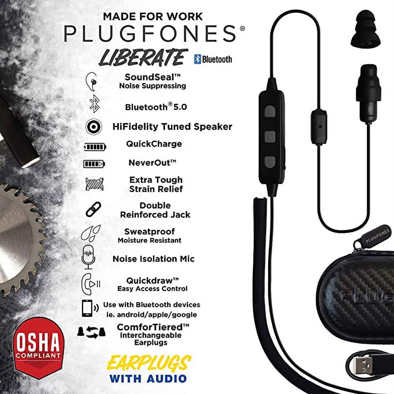 Plugfones Earphones Wireless Bluetooth Replaceable Tip, Black
