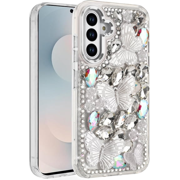 For Samsung s26 Lavished Floral Butterfly Bling Stones Hybrid Case - Silver
