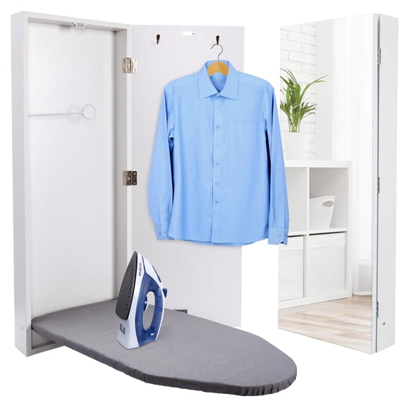 Ivation Wall-Mounted Ironing Board, Iron Board W/Cabinet Door and Mirror, White