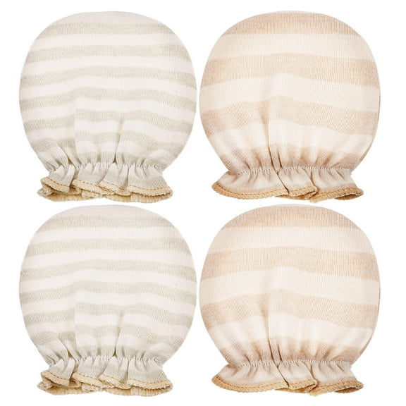 PENIKOKO 2 Pairs Newborn Baby Mittens Cotton Brown Stripes Soft Breathable Gloves for Infant and Everyday Use