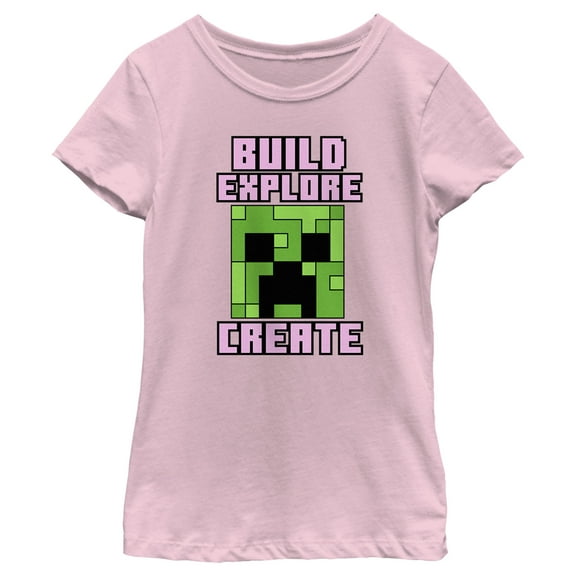Girl's Minecraft Creeper Face Build Explore Create  Graphic Tee Light Pink X Small