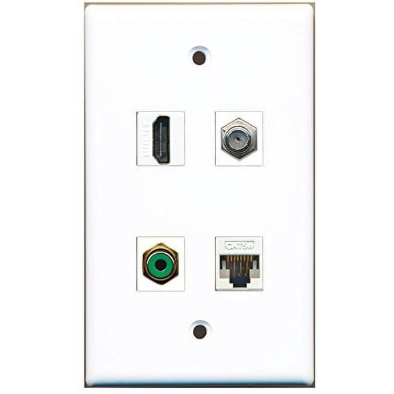 RiteAV - 1 Port HDMI 1 Port RCA Green 1 Port Coax Cable TV- F-Type 1 Port Cat5e Ethernet White Wall Plate