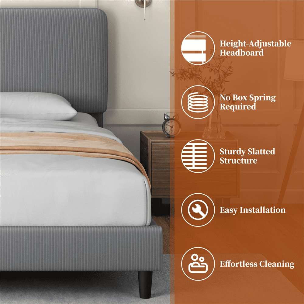 FullFurnique Cadre de lit Plateforme Rembourré avec Support à Lattes en Bois, Queen, Gris Clair