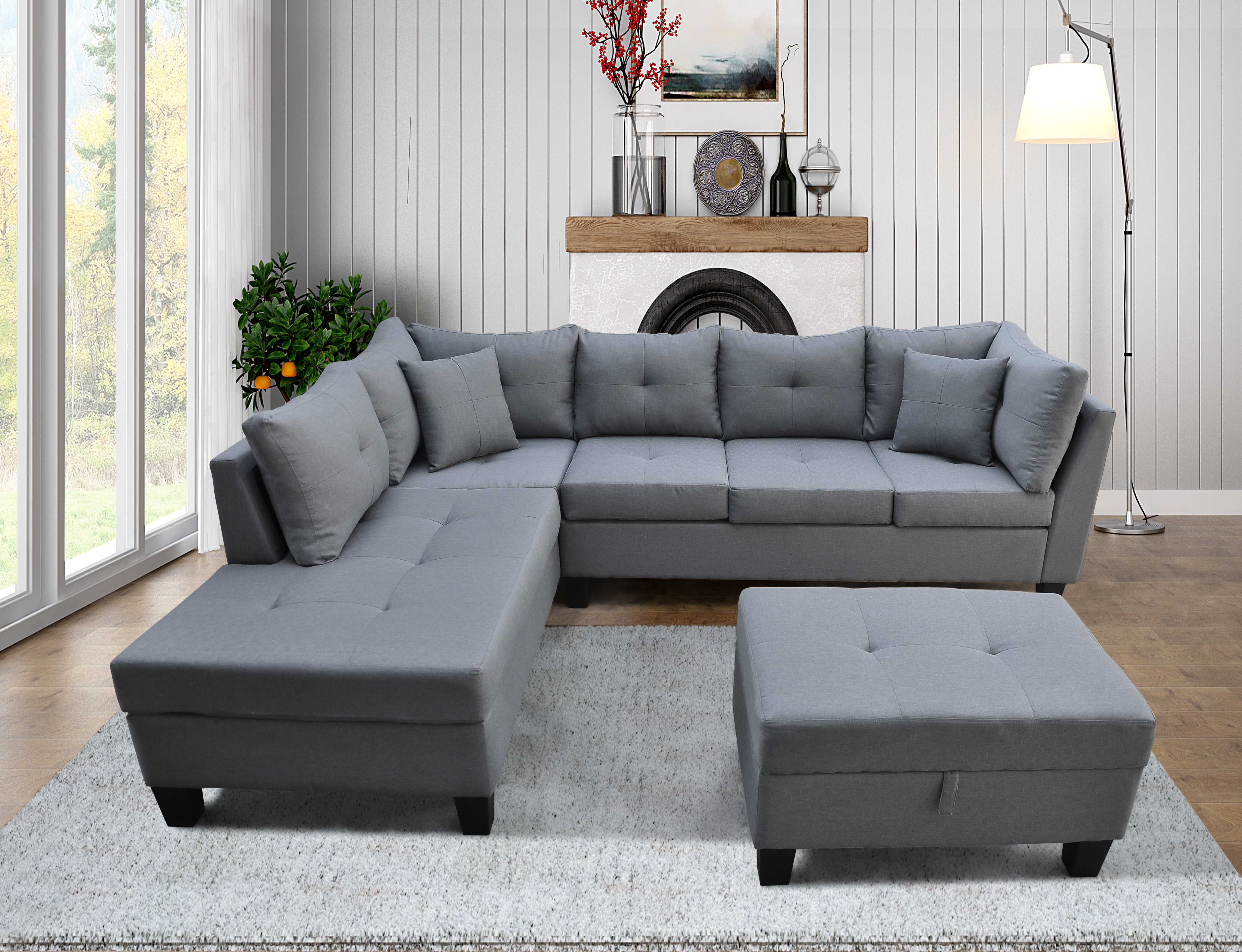 CLEARANCE! 3-piece Grey Soft Microfiber Sofa Sets with Storage Ottoman