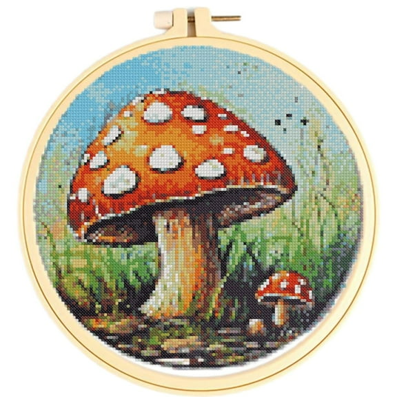 Easy Cross Stitch Kits for Starter Kits Mushrooms DIY 11CT Pre-printed Stamped Patterns Embroidery Cross Stitching Needlework Kit Set Supplies with Hoop 38x38cm