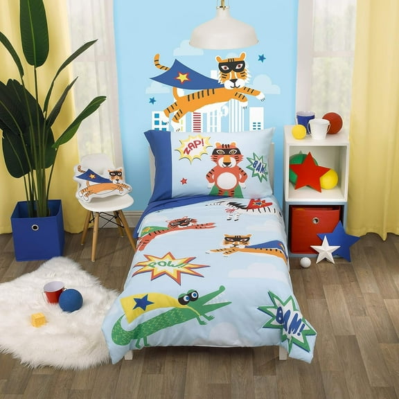 Everything Kids Super Hero Caped Wild Animals 4 Piece Toddler Bedding Set