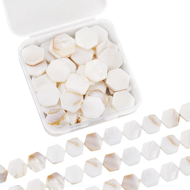 2 hebras de 42 cuentas de concha de agua dulce natural de 16 mm, espaciadores de perlas planas, pequeñas cuentas blancas de verano, espaciadores sueltos lisos.