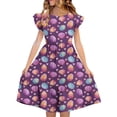 thumbnail image 2 of EGNMCR Robe à Manches Courtes Col Rond Robe d'Été pour Enfants à Manches Plissées Double Couche Imprimée pour Enfants de 5 à 14 Ans, 2 of 7
