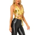 thumbnail image 4 of INSPIRE CHIC Metallic Halter Neck Top for Women's Deep V Neck Backless Holographic Crop Tops M Gold, 4 of 6