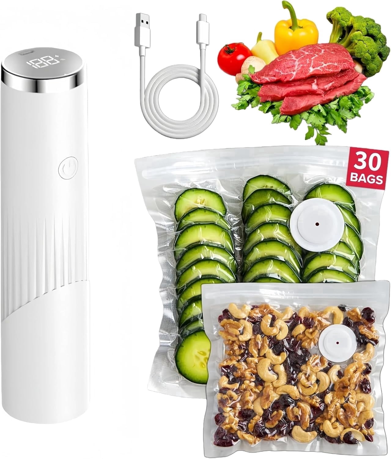 Vacuum Sealer, Handheld Vacuum Sealer, Vacuum Sealer Machine for Food Storage with 30 Reusable Bags, Rechargeable Compact Vacuum Sealer for Preservation & Fresh, Gifts for Mom, Wife, Chef & Home