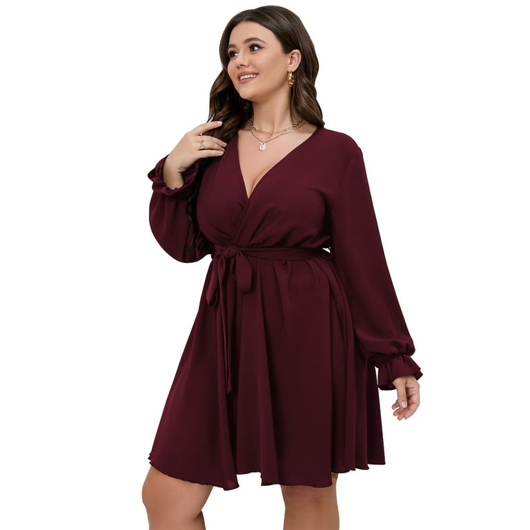 SCOMCHIC Women's Plus Size Long Sleeve V Neck Wrap Solid Casual Fall Short Mini  Dress Burgundy A Line Dress L - Walmart.com