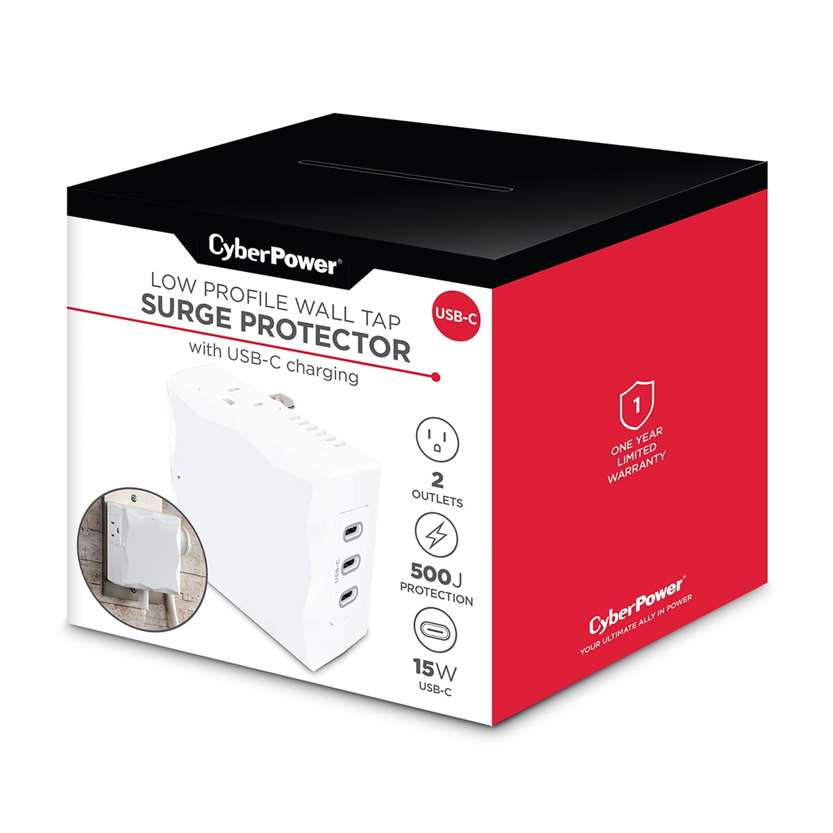CyberPower P2WUC3 2-Outlet Home/Office Wall-Tap Surge Protector with 3x USB-C Port, White