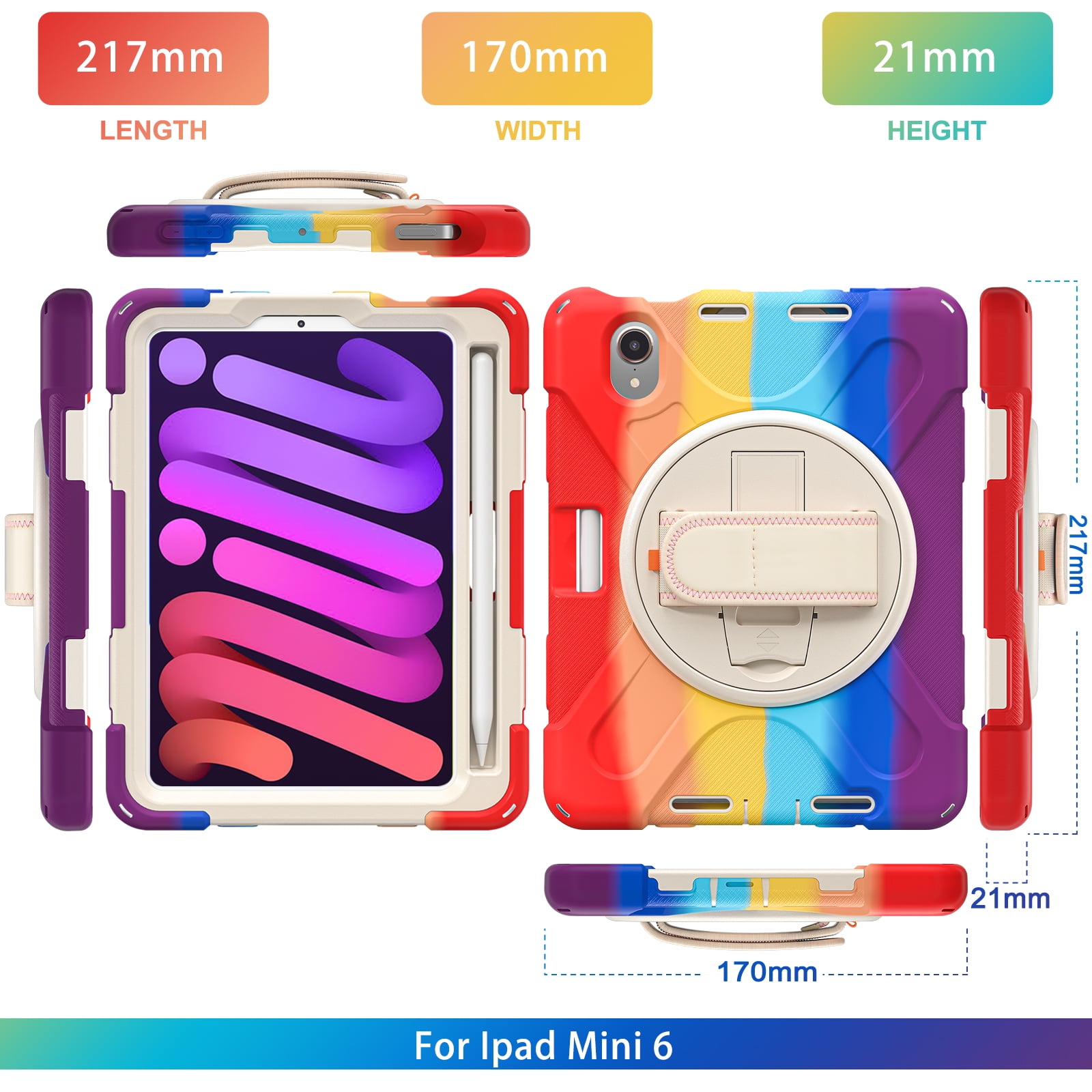 Rugged Case for 2021 Apple iPad Mini 8.3-Inch (6th Generation 2021 Release) - Rotating Stand Case with Hand Strap /Adjustable Shoulder Strap /Pencil Holder, Shockproof Protective Cover (Rainbow Red)