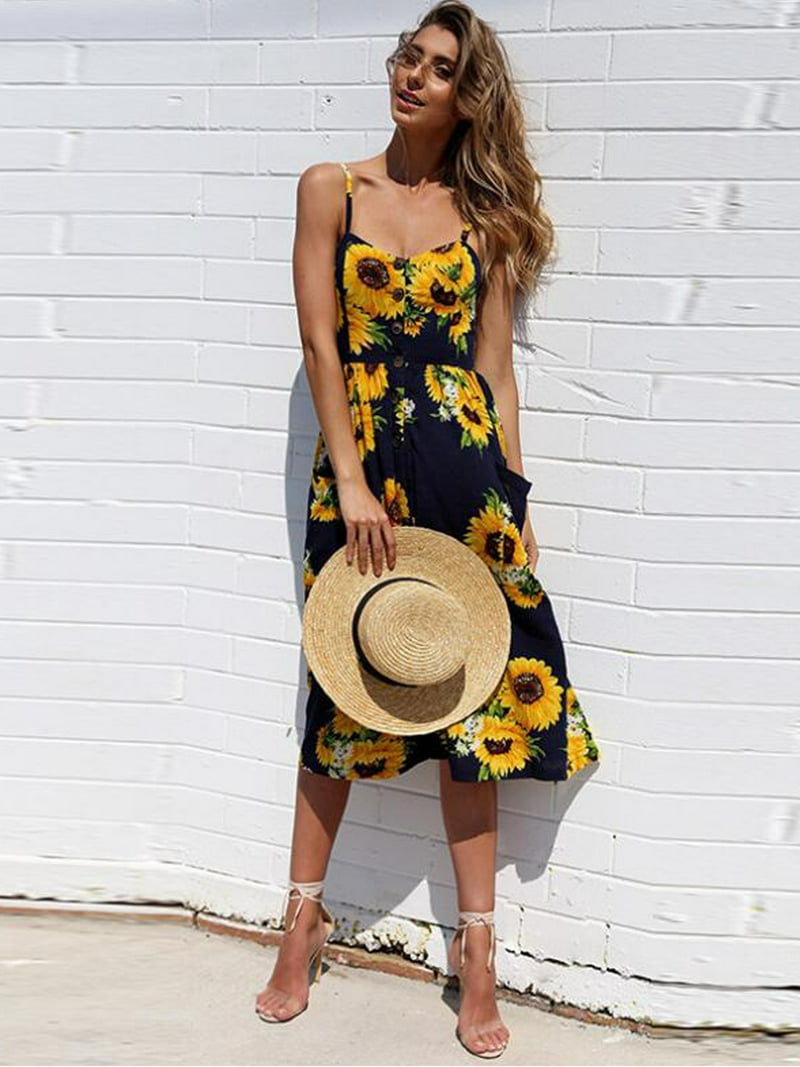 Feinuhan Womens Sunflower Print Dress Spaghetti Strap Floral