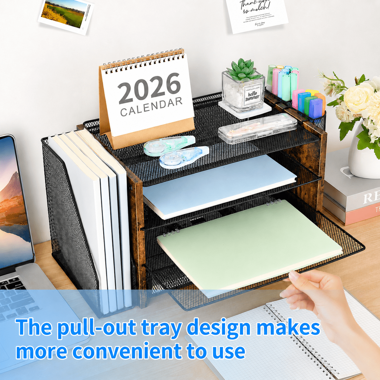 MEHOOM 4-Tier Wooded Desk Organizer Sets, Desktop File Organizer with Drawer and Pencil Holders for Office, Dorm Desktop Setup, Classroom Desk Accessories & Workspace Organizers